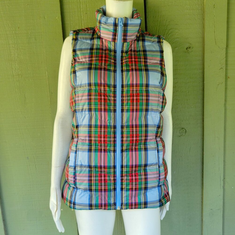 New LANDS' END Tartan Plaid Puffer Vest Zip Front Small S 6/8
